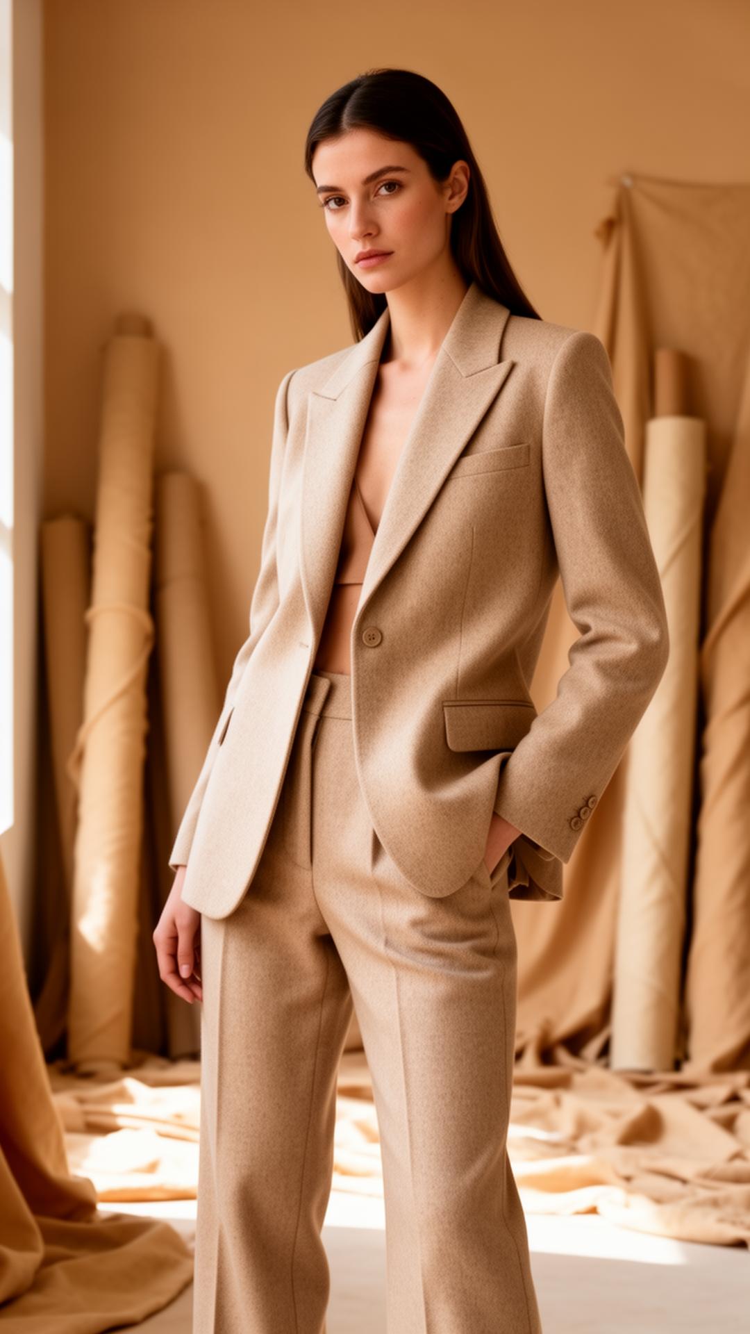 Model wearing a tailored beige wool suit by Alirasi atelier